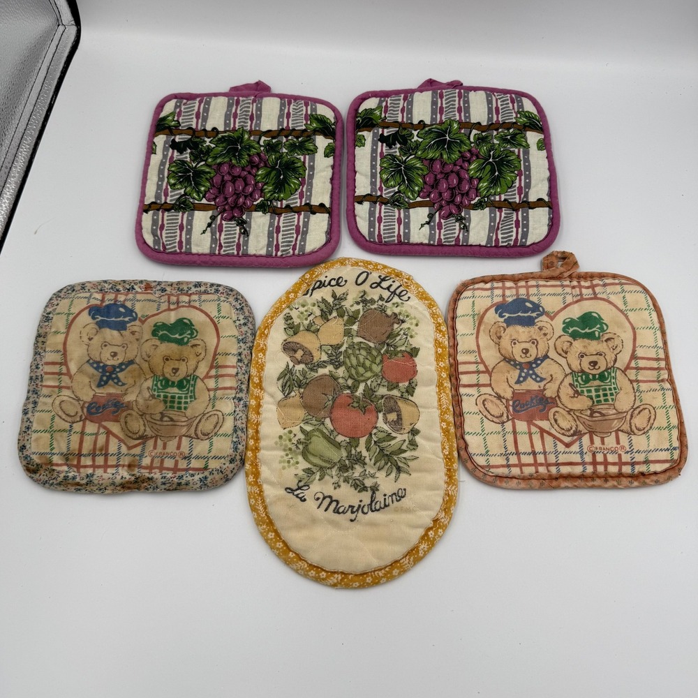 Vintage Potholder Lot of 5 Spice O Life Franco Bears Grapes Retro Kitchen Linens